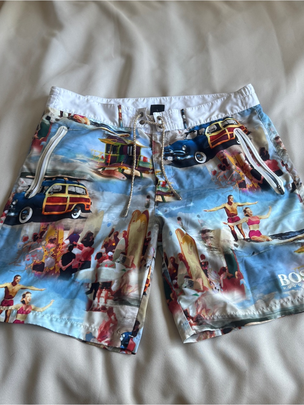 BOSS Light Blue Vintage Surf Print Swim Shorts Size Large